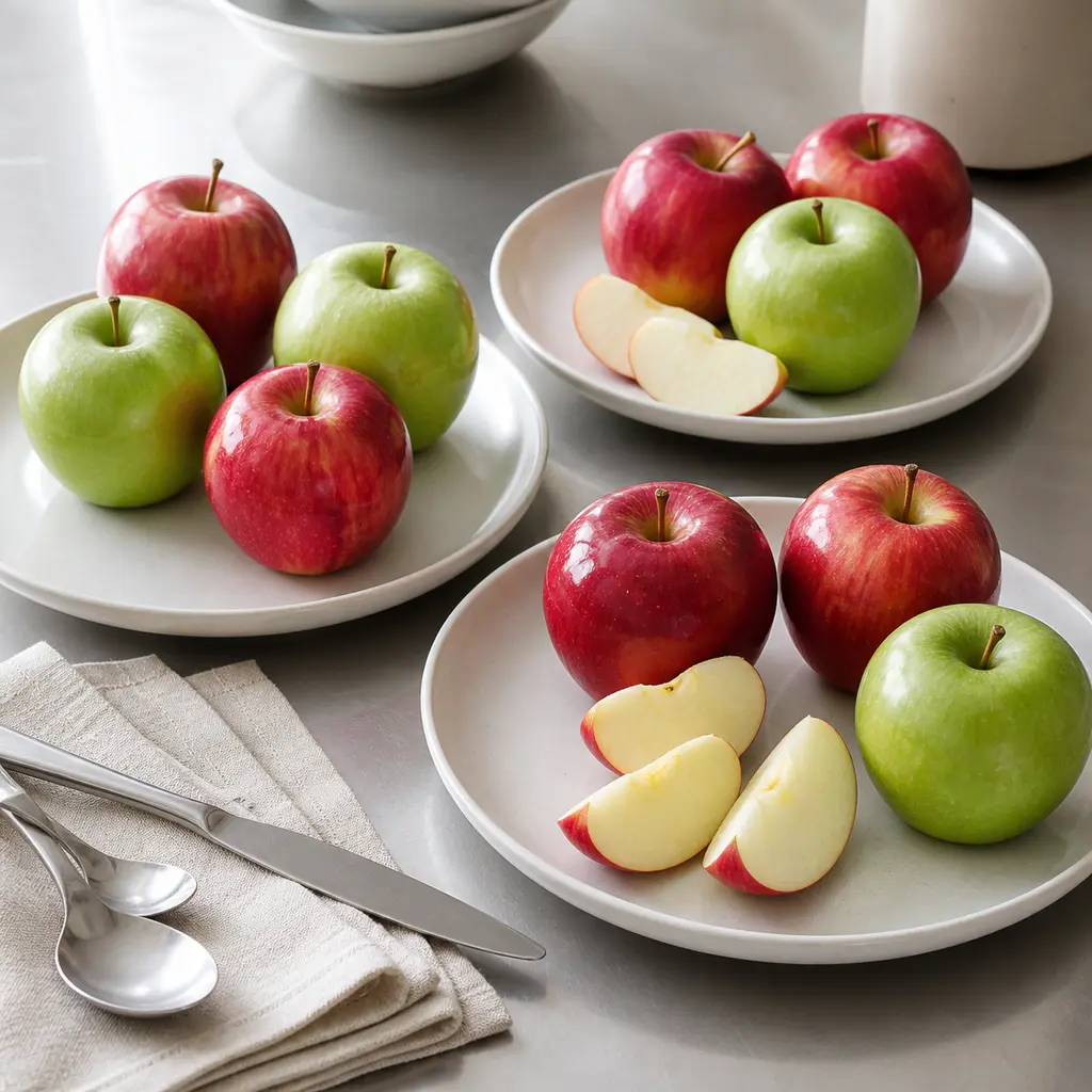 Red and green apples on several pale plates with linen and cutlery over a stainless-steel counter
