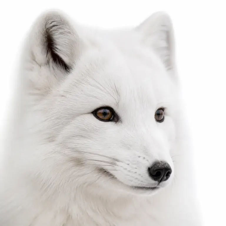 White arctic fox close-up on a pure white background with detailed winter fur