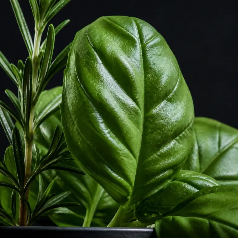 Extreme 100mm macro of a basil leaf and rosemary sprig separated from a dark matte background by rim light