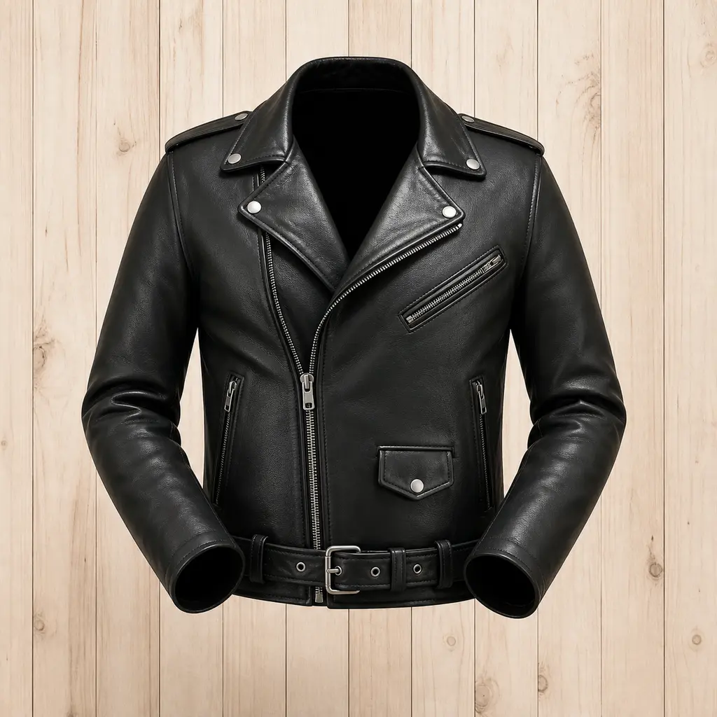 Black leather biker jacket with hollow neck and sleeves in a ghost mannequin view against pale wood