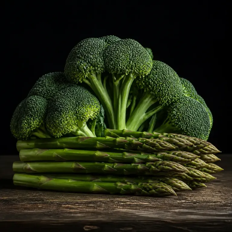 Stacked fresh broccoli and asparagus on scratched old wood under dramatic side light