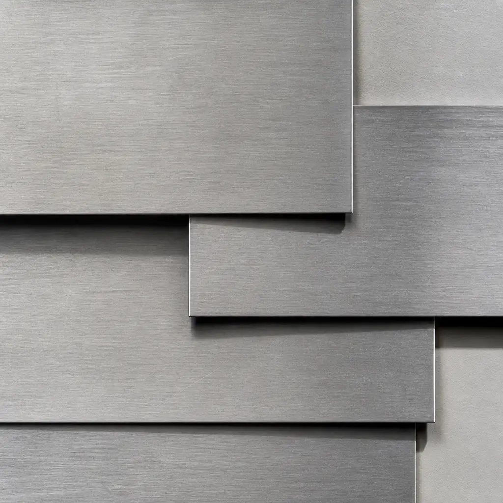Overlapping brushed stainless-steel sheets with directional lines and hard edge shadows