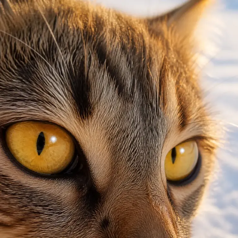 Extreme close-up of a yellow-eyed short-haired cat in golden light against snow