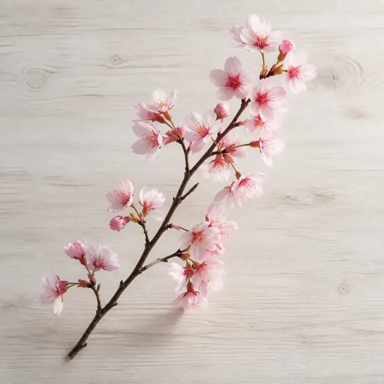 Single cherry blossom branch with translucent pink petals glowing against a pale bleached wood background