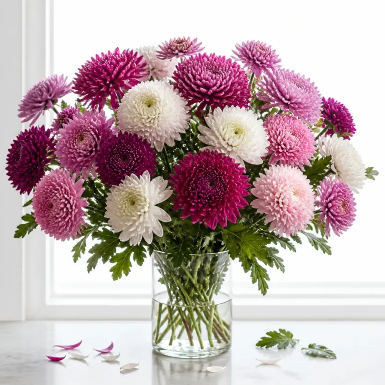Wide bouquet of pink, purple, and white chrysanthemums beside a bright window with fallen petals below