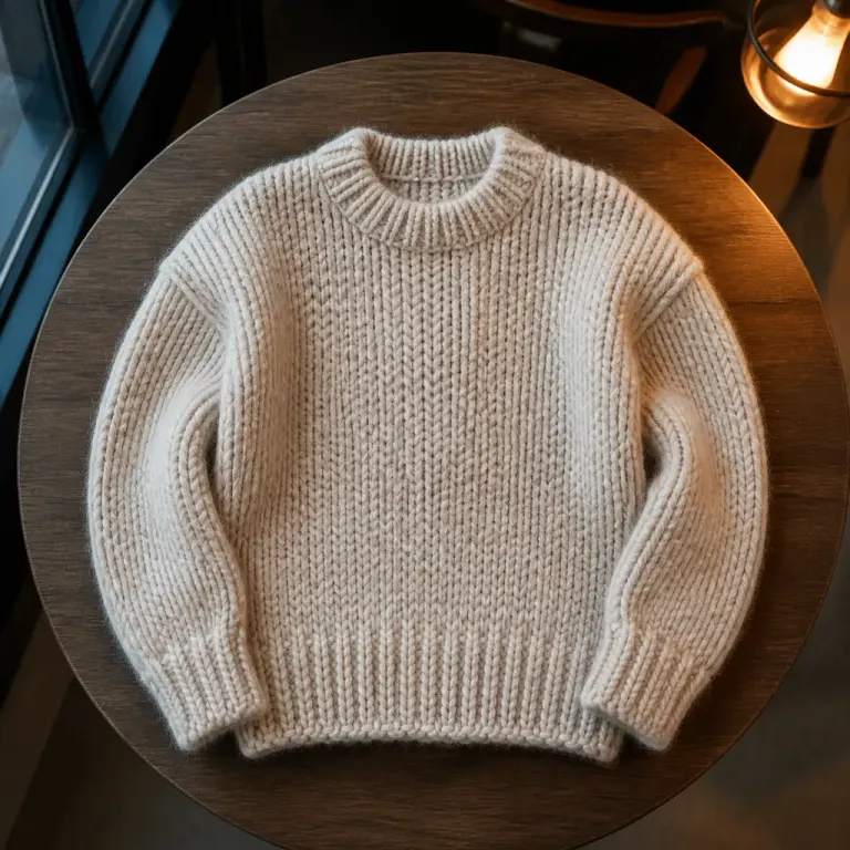 Oatmeal chunky knit sweater arranged as a top-down flat lay on a cafe window table