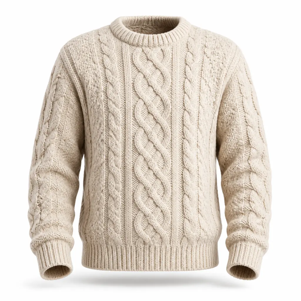 Oatmeal cable-knit sweater with hollow neck and sleeves in a white ghost mannequin photo