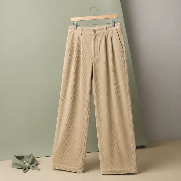 Sand corduroy wide-leg pants hanging against sage and gray paper with a tonal neckerchief