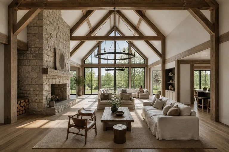 Vast country estate great room with exposed roof trusses, floor-to-ceiling stone fireplace, two linen seating areas, and a woman holding tea in the distance