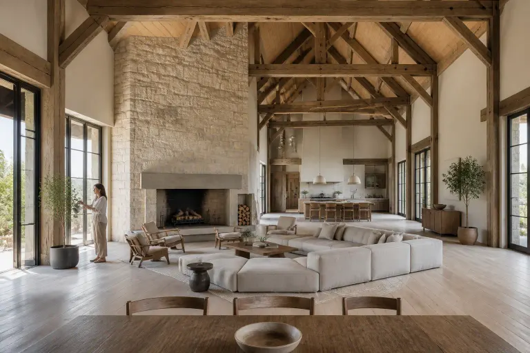 Vast country estate open-plan living room with exposed timber trusses, a full-height stone fireplace, and a woman watering a plant