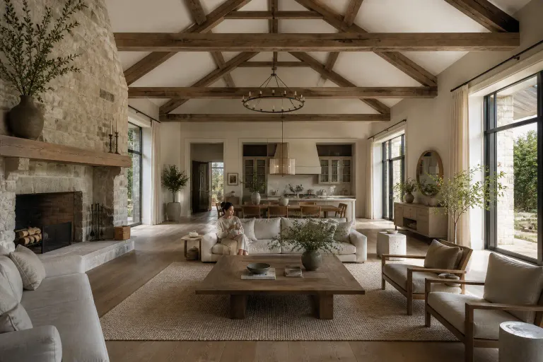 Country estate great room with exposed timber trusses, monumental stone fireplace and open kitchen beyond
