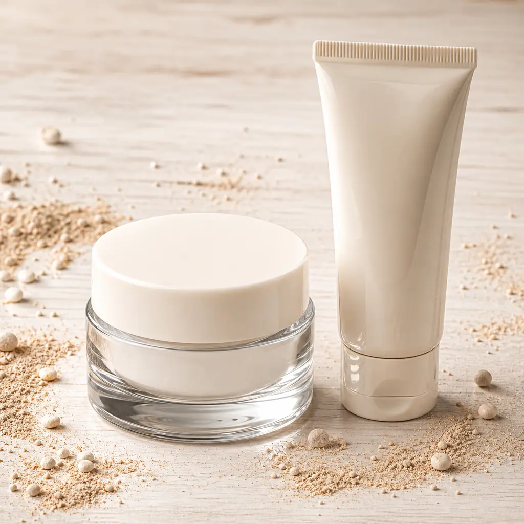 Unbranded cosmetic cream jar and tube with glowing rim light on bleached wood and scattered powder