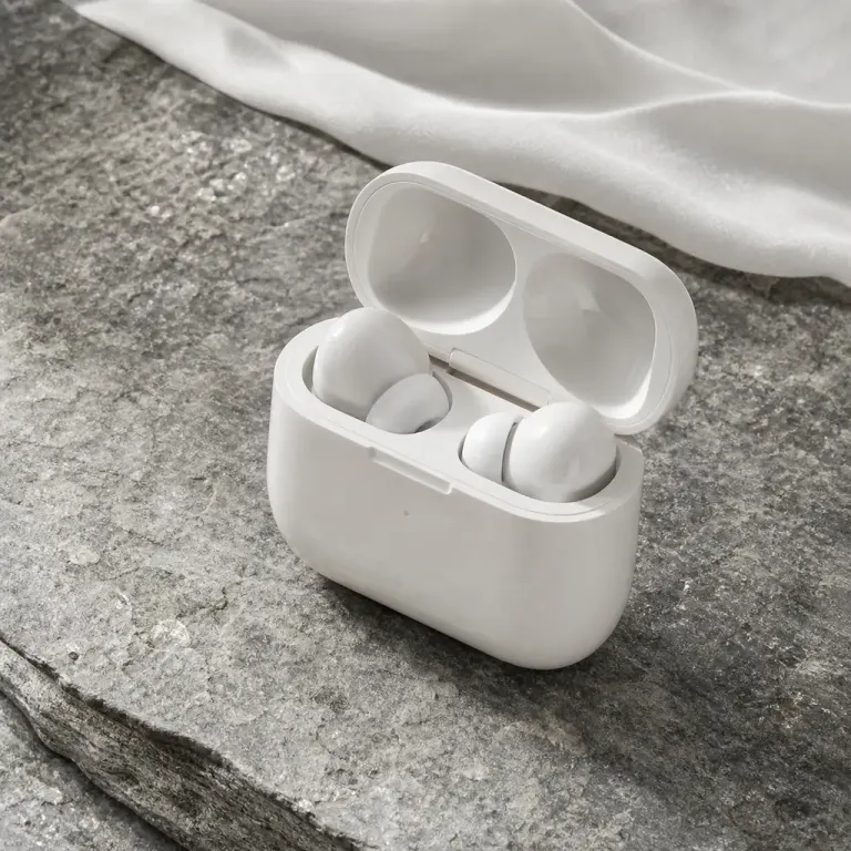 Open unbranded wireless earbud case on rough gray stone with pale silk and soft window light