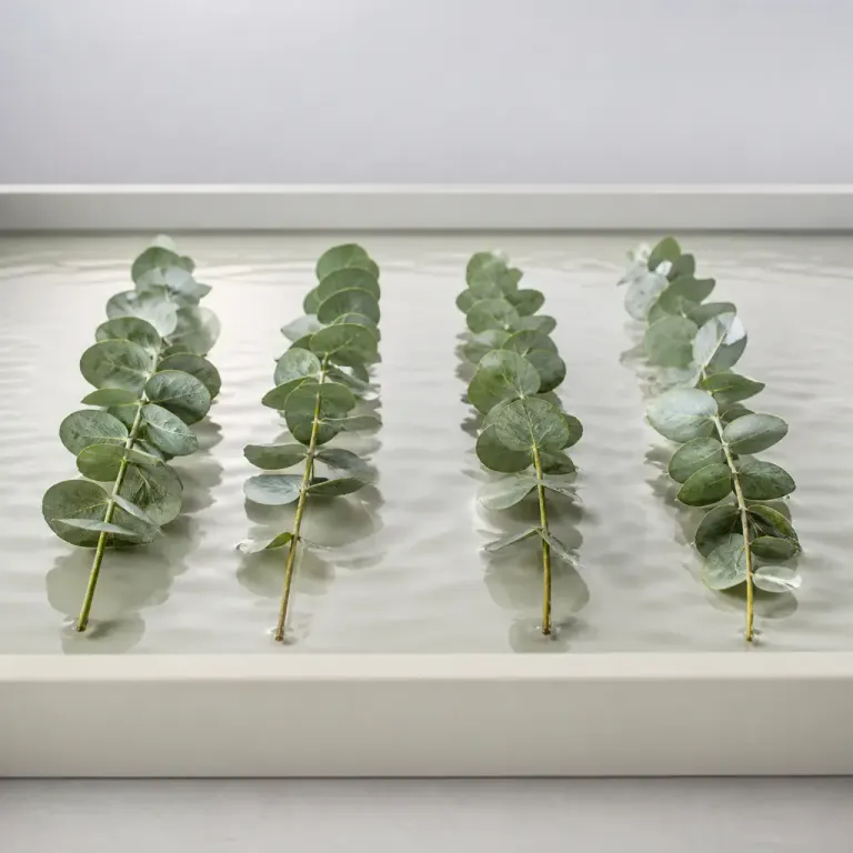 Four silver-green eucalyptus branches floating in parallel on shallow water from an eye-level view