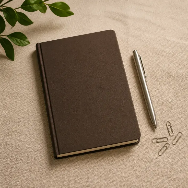 Notebook pen and paper clips arranged diagonally on oatmeal linen under warm evening light
