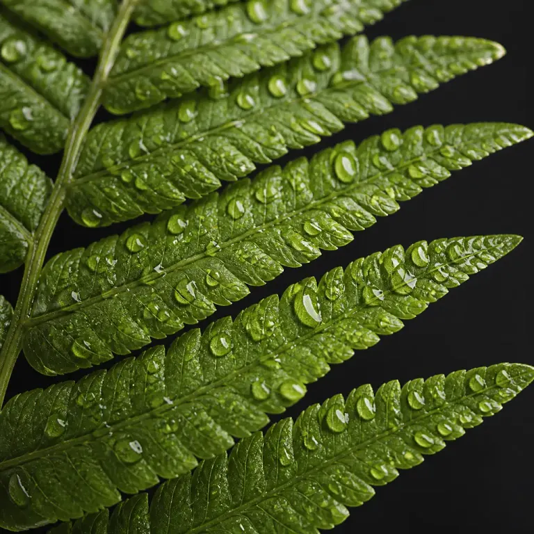 Extreme macro of a water-dappled fern frond with repeating veins defined by side light against dark charcoal