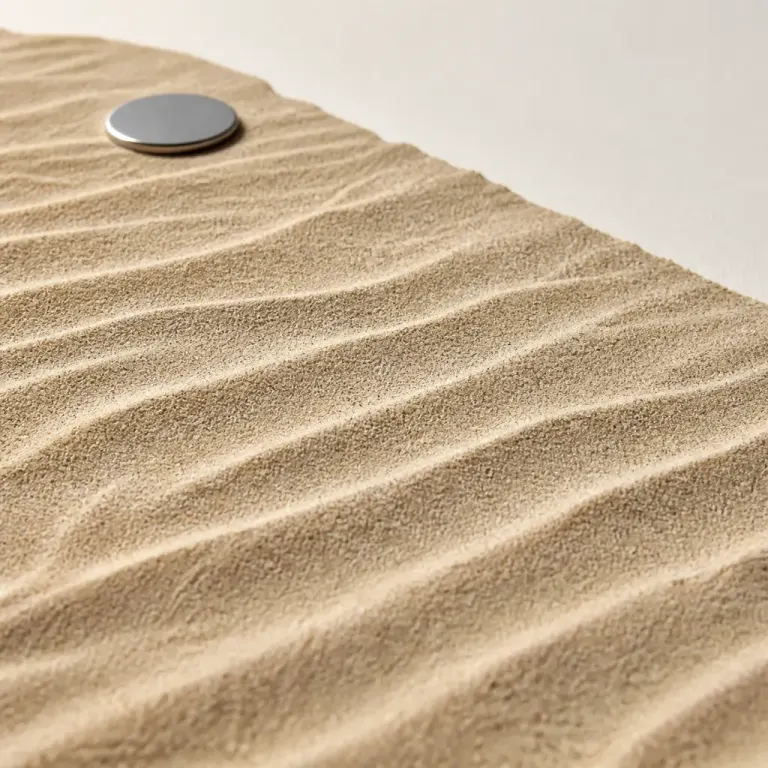 Low-angle close view of fine wind-rippled sand with dual side light, a scale disk, and a finished edge