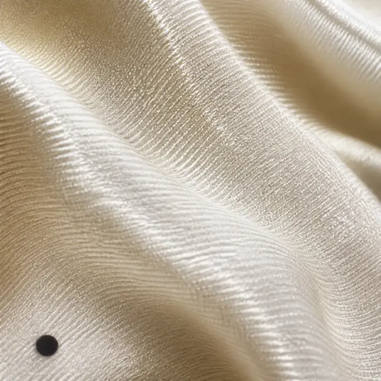 Extreme macro ivory silk texture with flowing highlights and a tiny black scale dot