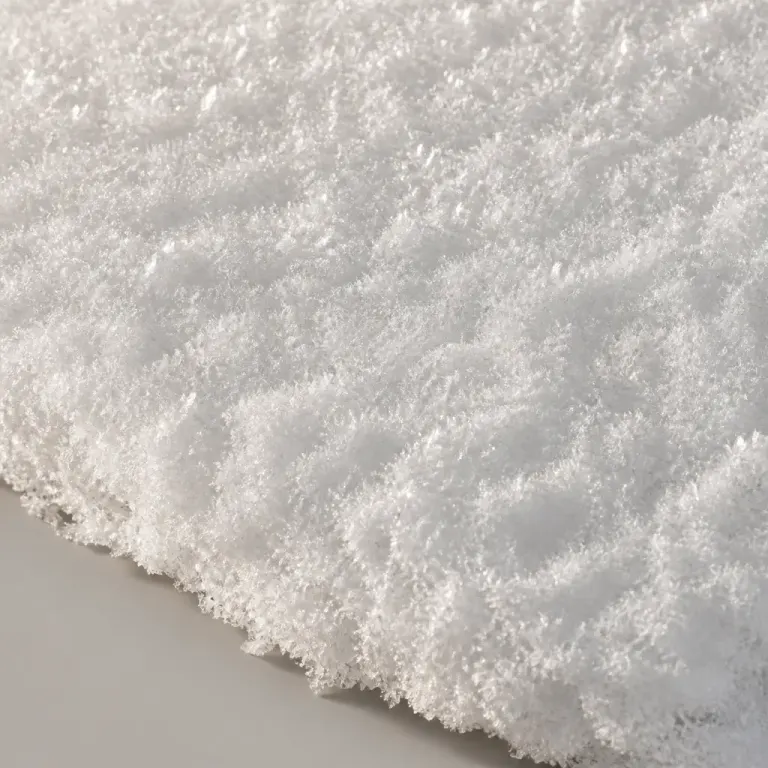 Close texture of fresh sparkling snow crystals lit from two sides with a thin layer edge visible