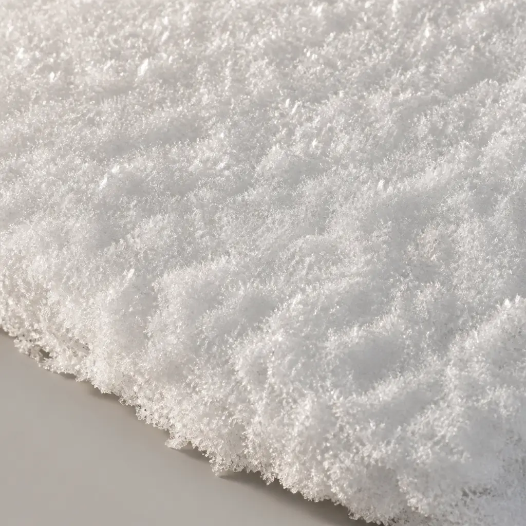 Close texture of fresh sparkling snow crystals lit from two sides with a thin layer edge visible
