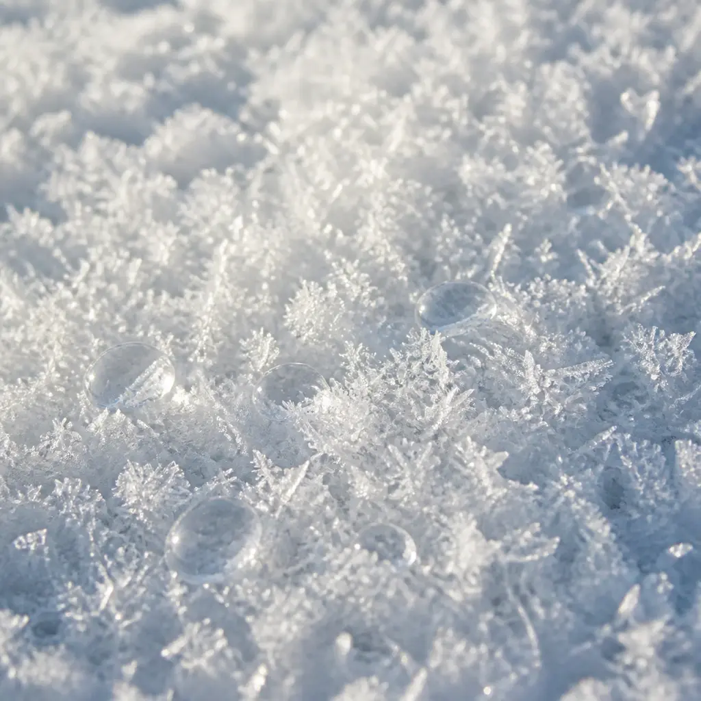 100mm macro texture of fresh snow crystals with tiny meltwater droplets in near-horizontal raking light