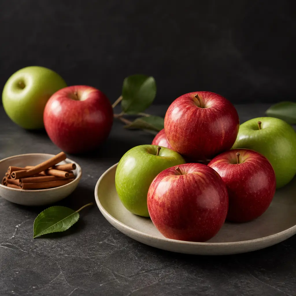 Glossy red and green apples on a pale plate against a dark matte countertop