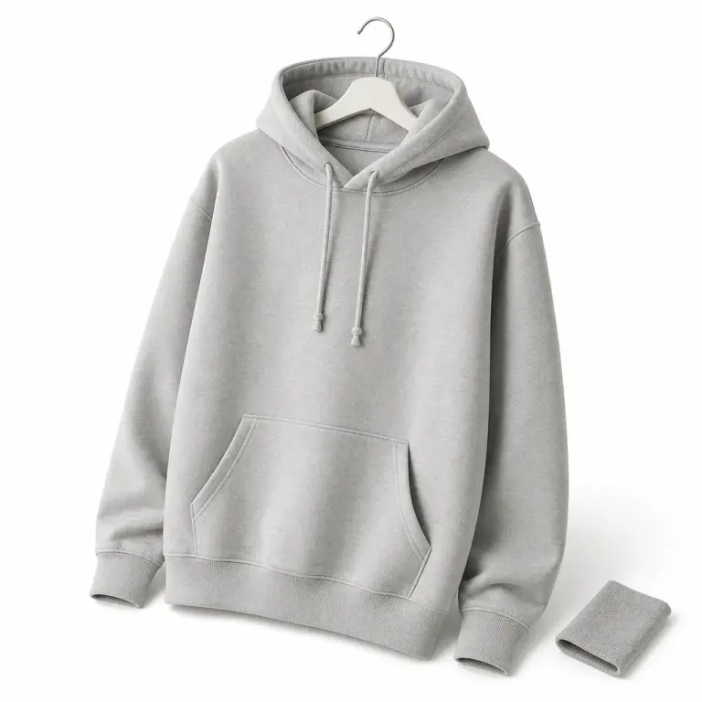 Pale-gray hoodie hanging at a slight angle in diffused window light on a pure white background