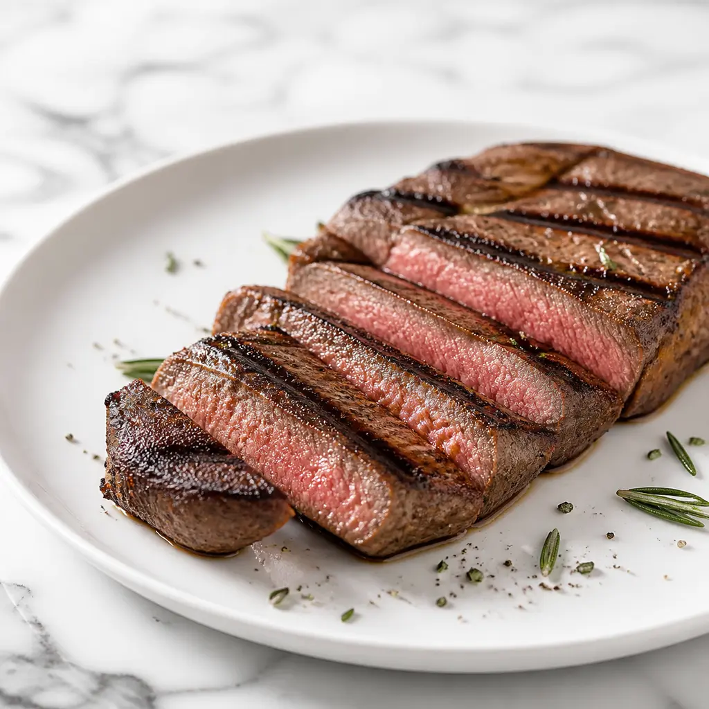 Sliced grilled steak with rosemary on a white plate over a pale marble countertop