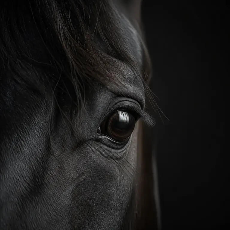 Extreme close-up of a dark horse eye with window catchlight, textured coat, and rim separation on charcoal