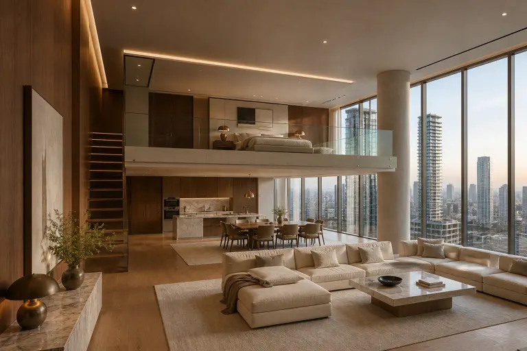 Unoccupied duplex luxury master suite with an upper bed overlooking a cream lounge and city skyline