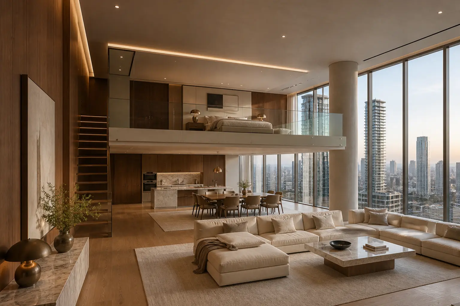 Unoccupied duplex luxury master suite with an upper bed overlooking a cream lounge and city skyline