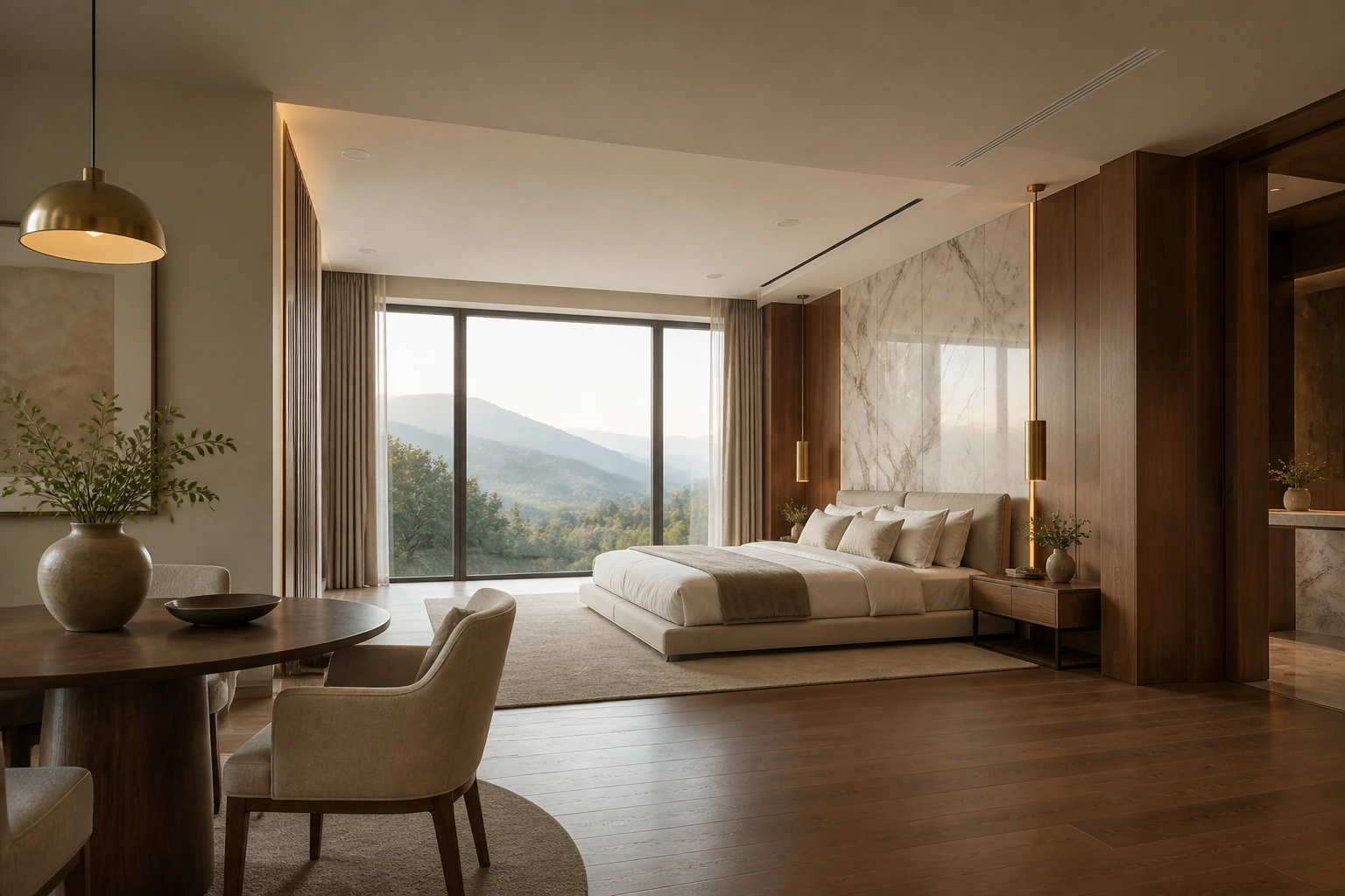 Unoccupied hotel-luxury master bedroom with a marble headboard, walnut panels, and mountain views from floor-to-ceiling glass
