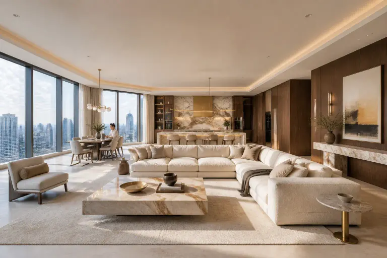 Luxury open-plan city living room with a cream sectional, walnut kitchen, marble surfaces, and a woman at a laptop