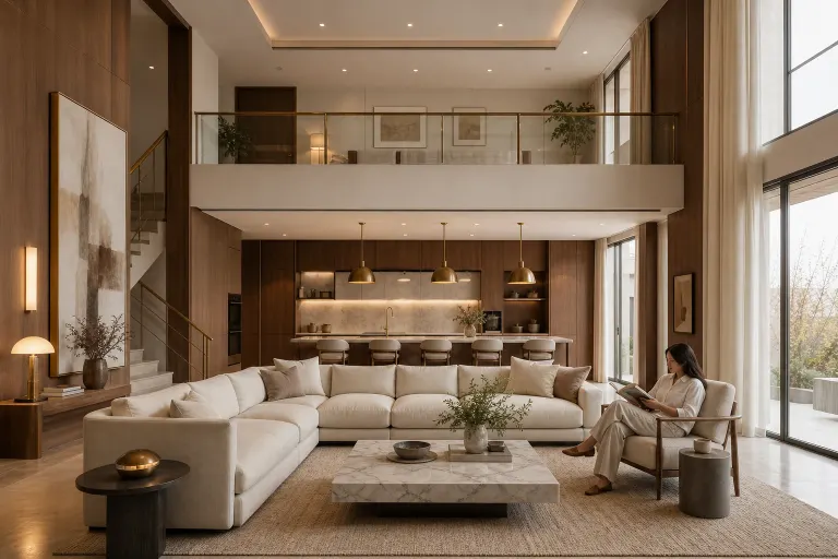 Symmetrical hotel-luxury double-height living room with cream sectional, walnut panels, marble table, and a woman reading under soft overcast light