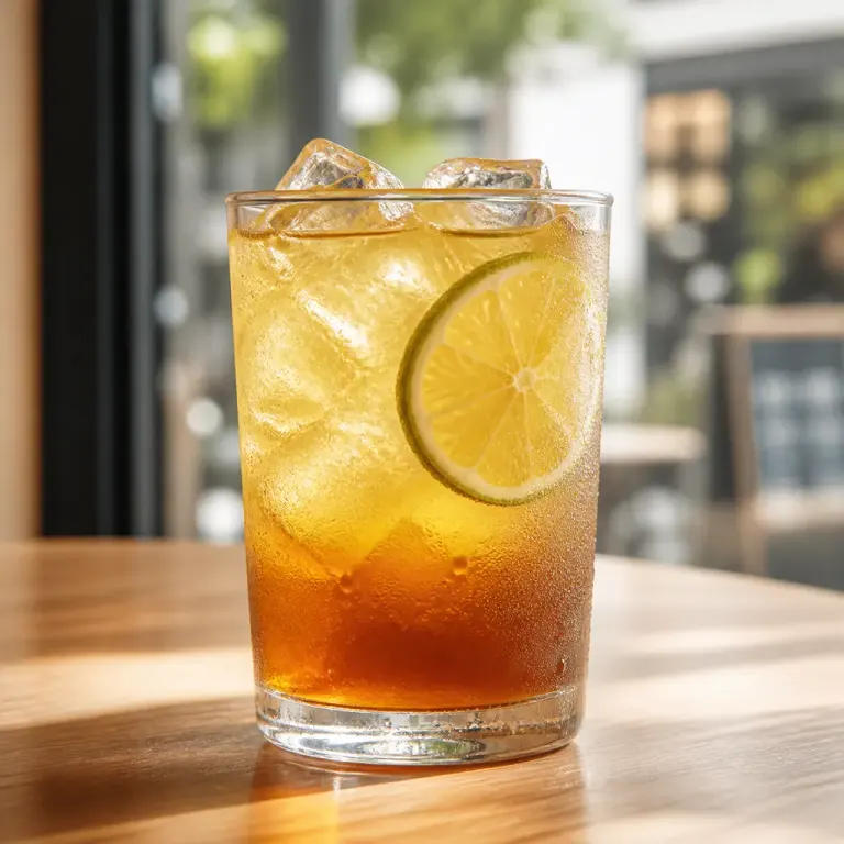 Eye-level layered iced citrus tea with clear ice and condensation glowing beside a softly blurred café window