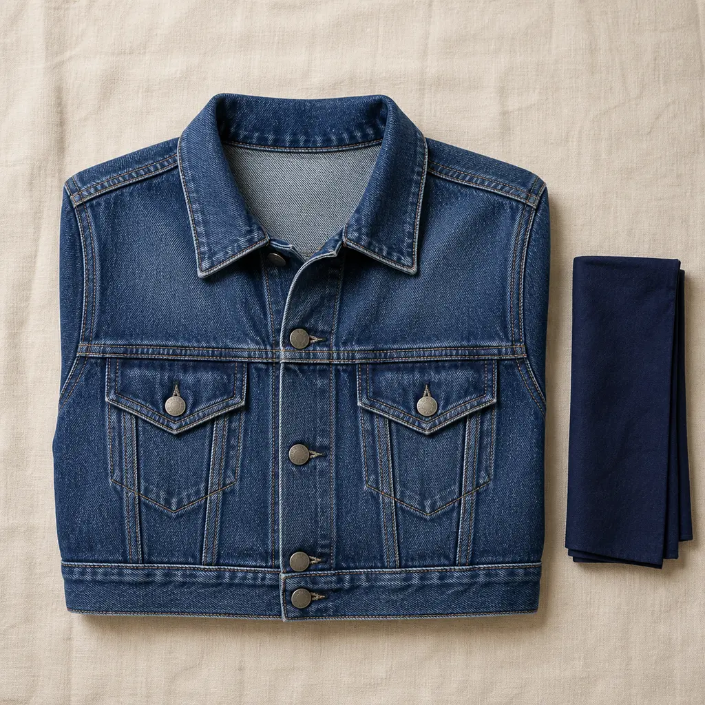 Folded indigo denim jacket and dark indigo bandana on cream linen with visible stitching