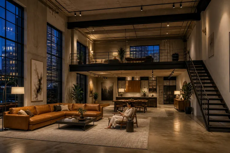Large industrial loft living room with leather sectional, steel mezzanine, open kitchen, and a woman reading at evening