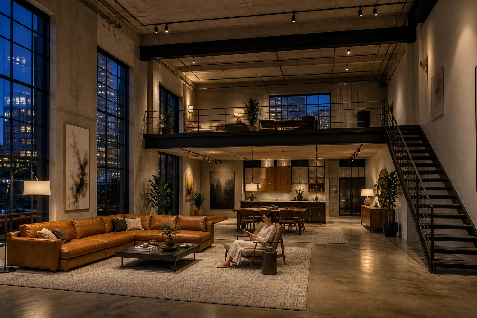Large industrial loft living room with leather sectional, steel mezzanine, open kitchen, and a woman reading at evening