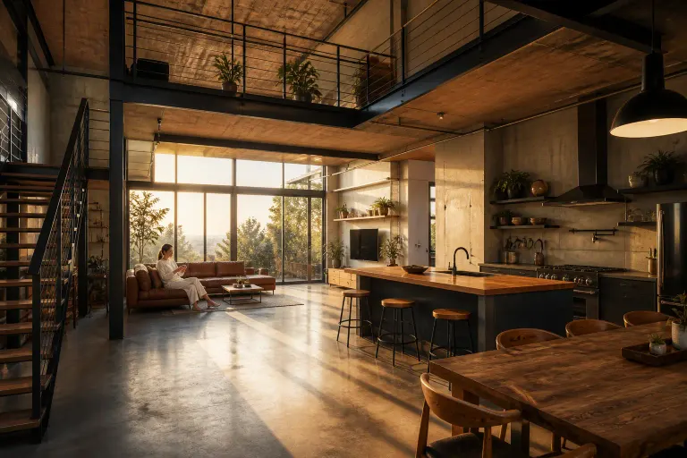 Double-height industrial loft kitchen and dining room with a woman holding tea on a leather sofa