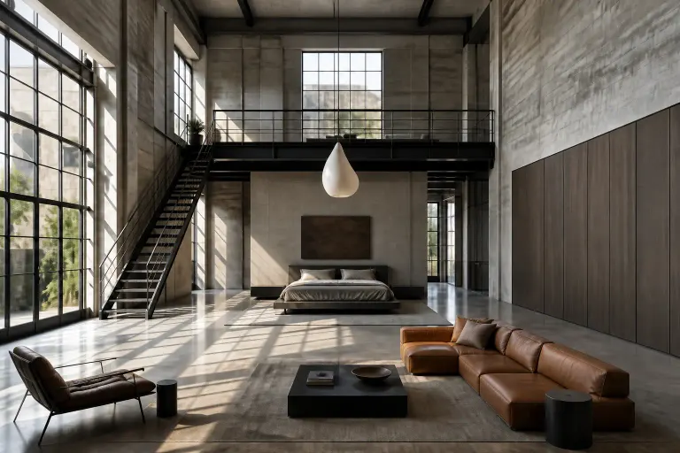 Symmetrical double-height industrial loft bedroom with concrete walls, steel mezzanine, leather lounge, and one sculptural pendant