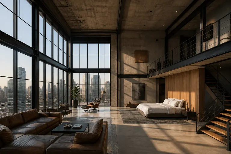 Double-height industrial loft penthouse bedroom with concrete walls, steel corner windows, mezzanine, leather lounge, and city skyline