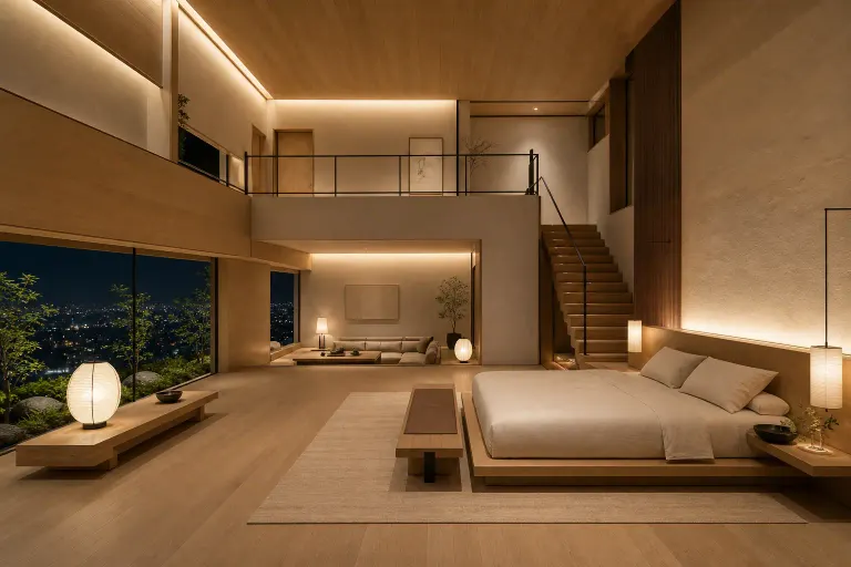 Double-height Japandi bedroom with a low platform bed, upper gallery, staircase and balanced evening city view