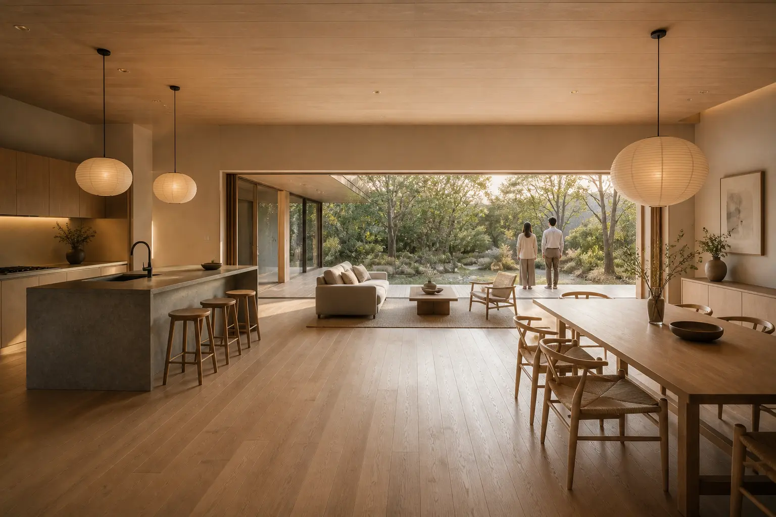 Wide Japandi kitchen and dining room with pale oak furniture, stone island, paper lanterns, garden opening, and two adults at the distant window