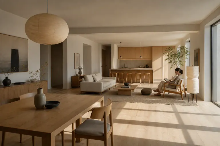 Japandi open-plan apartment viewed from the dining area with a woman reading in a low chair