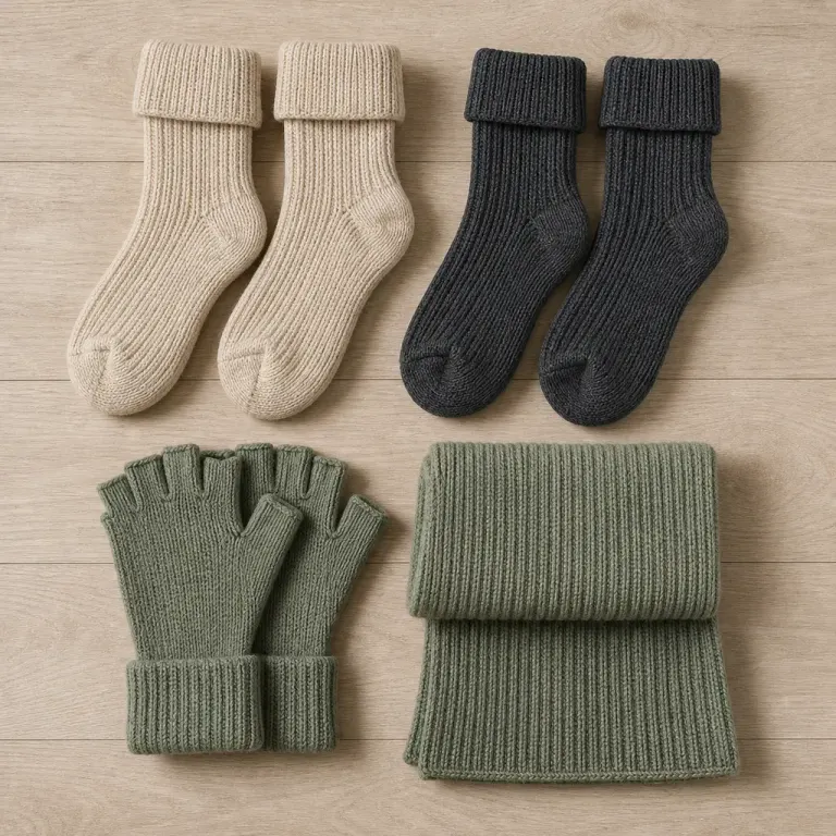Ribbed socks, fingerless knit gloves, and a knitted scarf arranged on pale wood