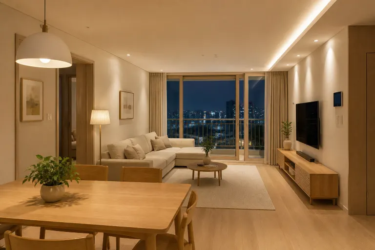 Empty contemporary Korean apartment living room viewed from an oak dining table with warm evening lighting and city lights beyond the balcony