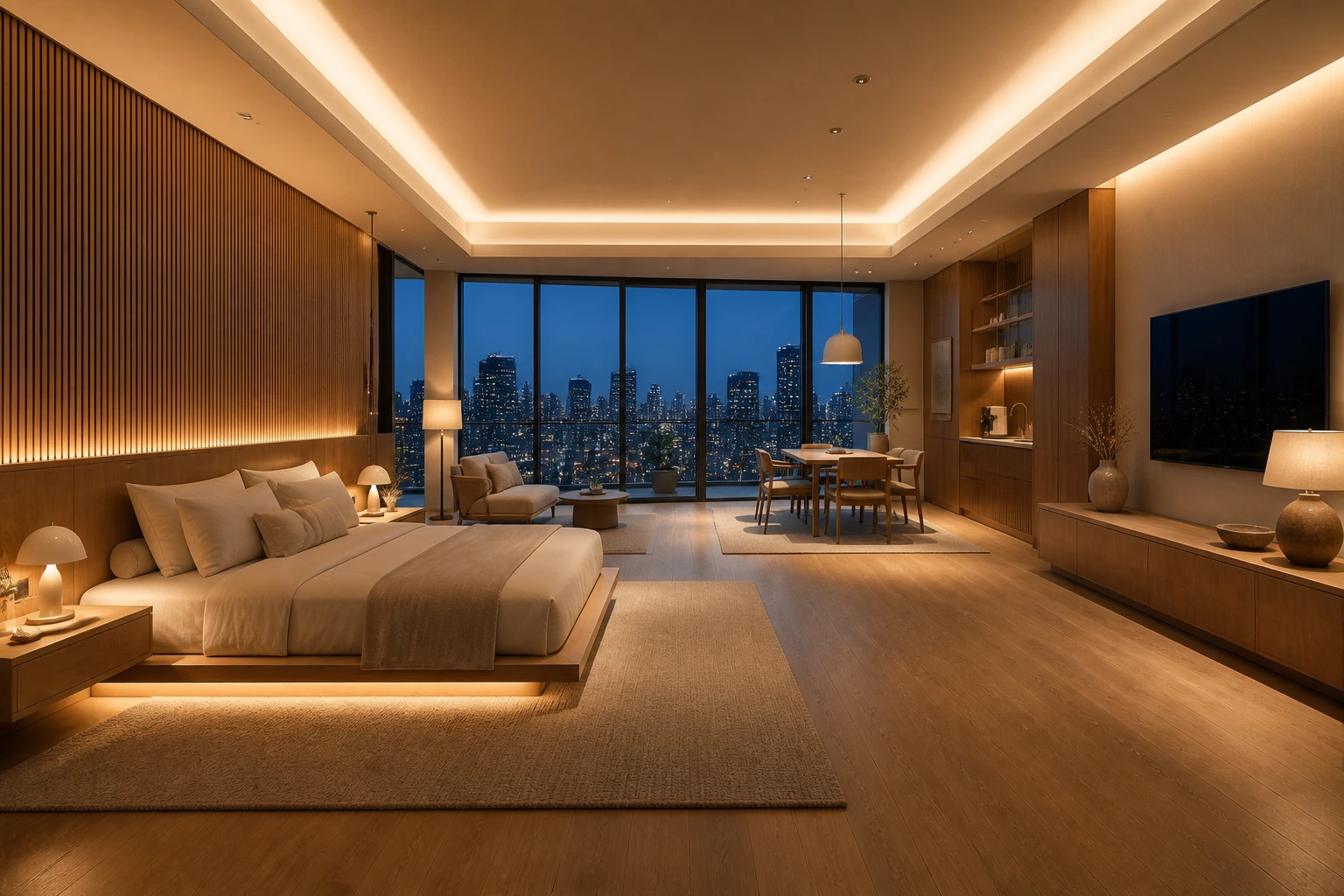 Large Korean luxury master bedroom with an illuminated wood-slat wall, low bed and balanced evening city view