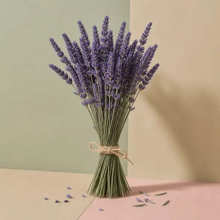Full lavender bundle with a few fallen florets against sage, sand, and pale pink paper in soft window light