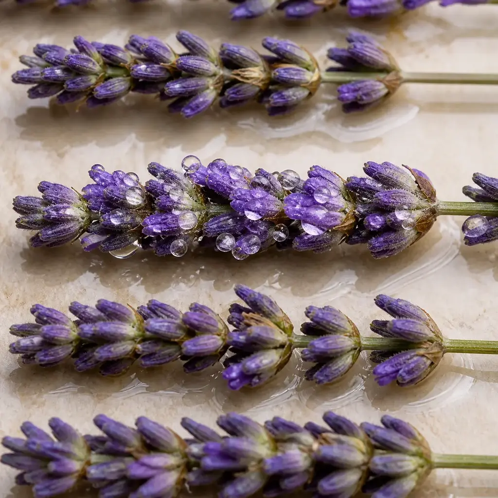 Extreme close-up of parallel lavender sprigs floating in shallow water with droplets under even overhead light