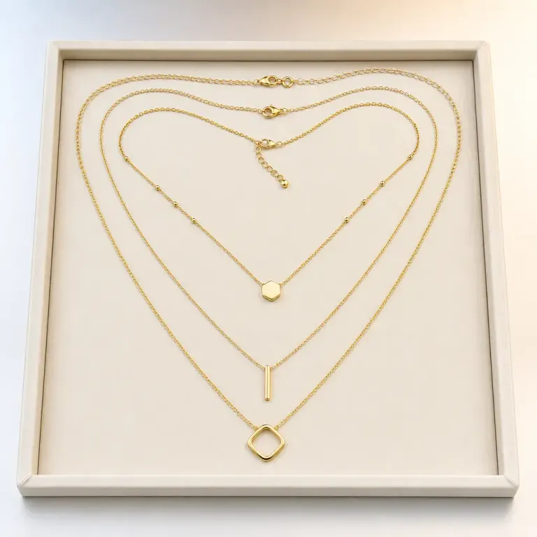 Three focus-stacked layered gold necklaces arranged in a cream jewelry tray inside a bright lightbox